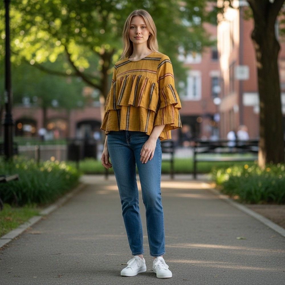 Talori Striped Blouse Women L Mustard Excellent Ruffle Tiered Bell Sleeve Top